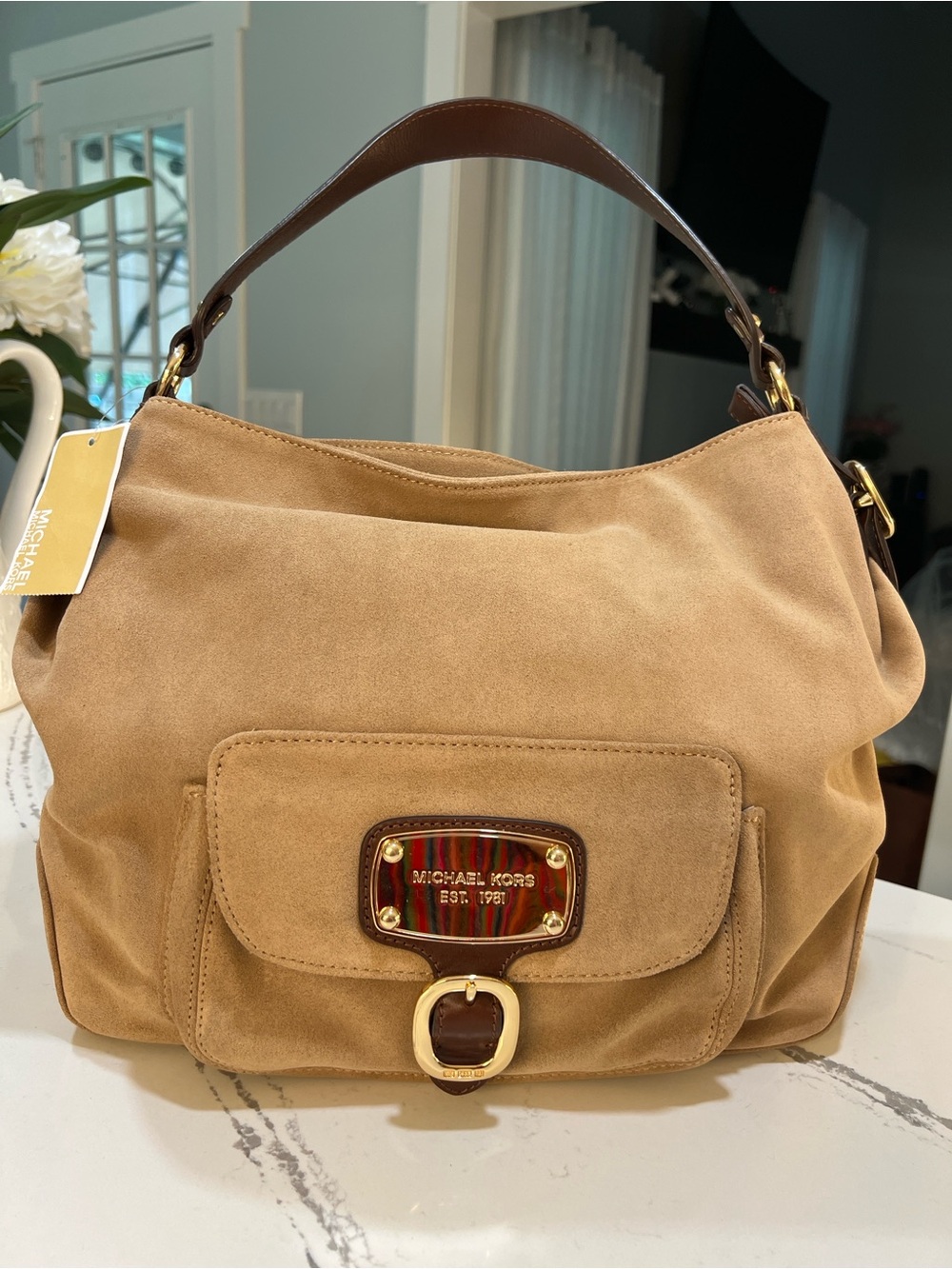 Michael Kors Hudson Downtown Tan Suede Shoulder Bag with Brown Leather Handle Lg